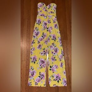 Yellow strapless floral pantsuit